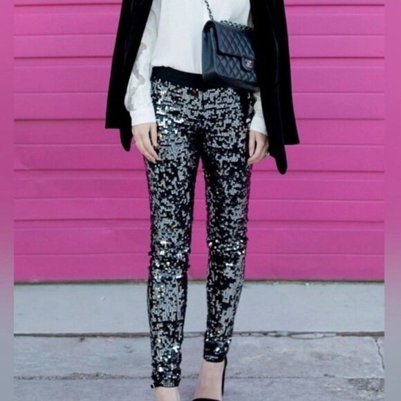 Express Black Full Sequin Velvet High Rise Leggings Pants S Small Party Cocktail - Picture 1 of 9